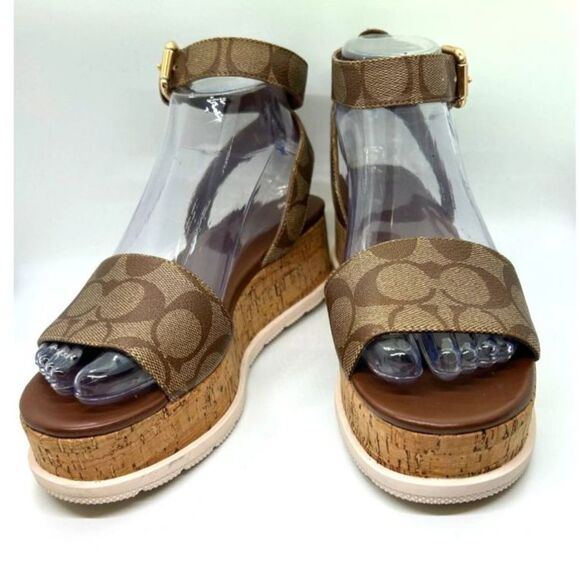 Coach Talulah Brown Signature Print Platform Ankle Strap Sandals Size 6B - Picture 4 of 15